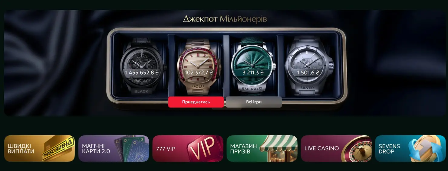 Джекпот Мільйонерів 777 з рівнями Black, Gold, Emerald, Silver і блоками VIP, магазин призів, швидкі виплати